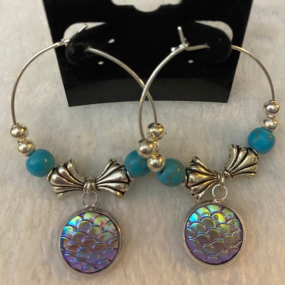 Handmade Mermaid Scale Hoops Lt. Blue, Dk Blue, Gold Scale Take your pick. - Picture 3 of 10